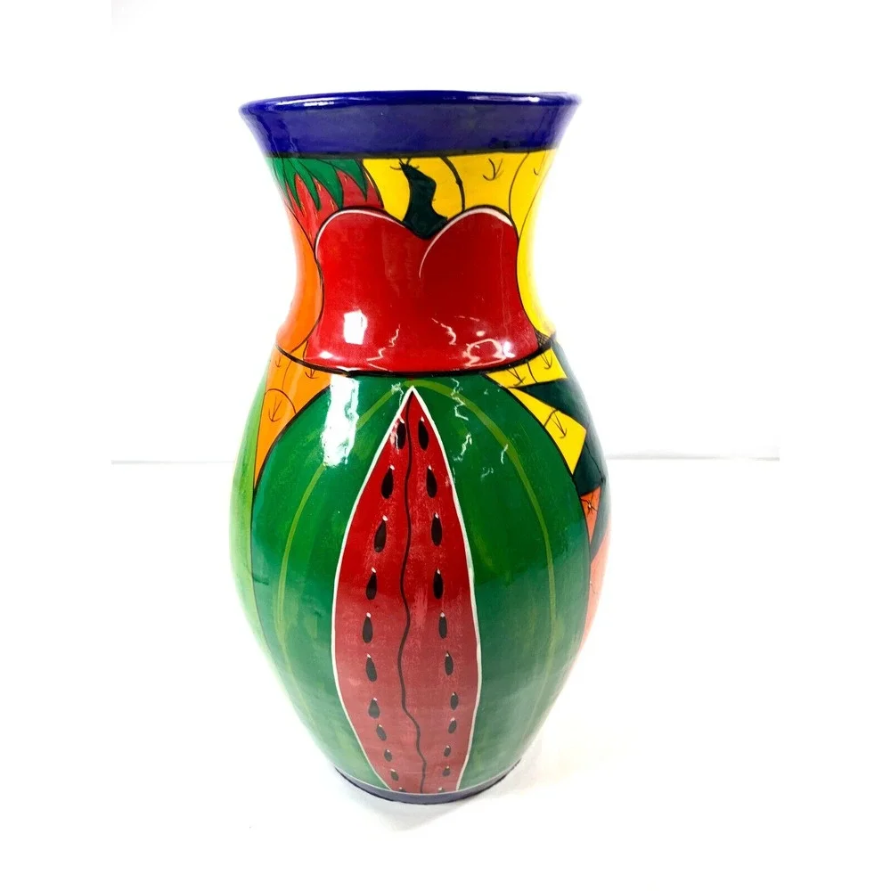 Hand Painted Mexican Pottery Vase  Folk Art Fruit Design Multi - Tropical Color‎